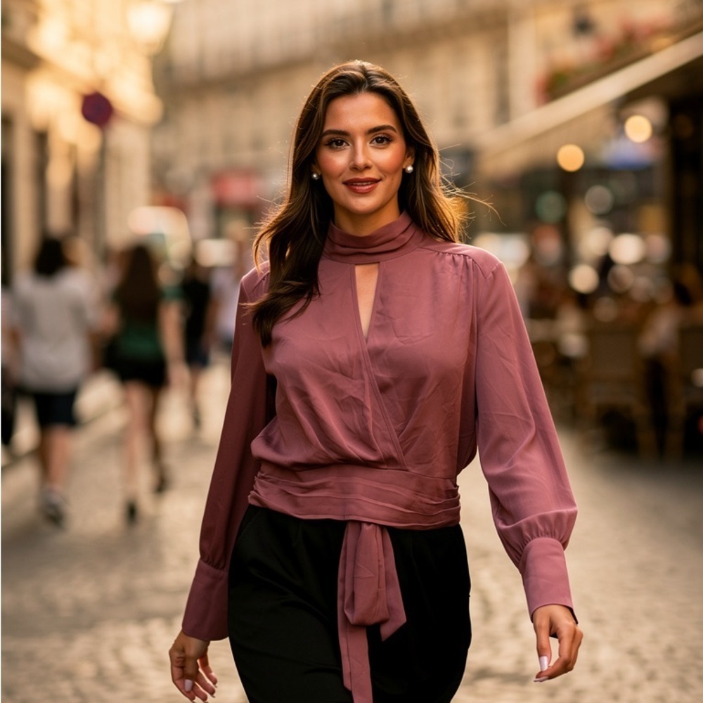 New York & Company Mauve Tie-Waist Blouse